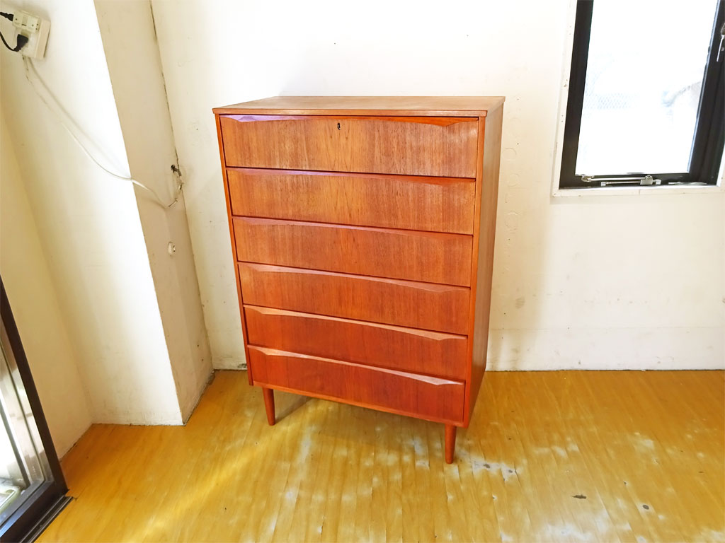 北欧ビンテージ Scandinabian vintage チーク材 ハイチェスト キャビネット 6ドロワー 北欧家具 北の椅子と 購入品 中古品 買い取りしました。