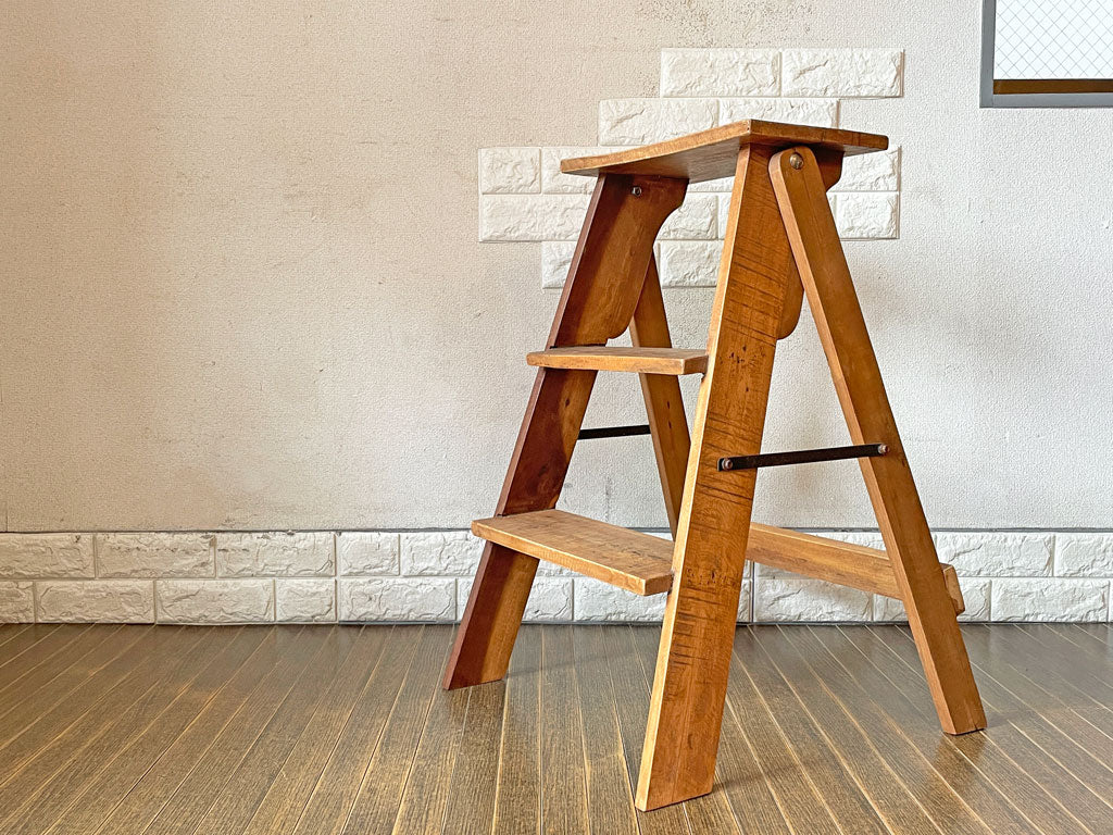 ビンテージ Vintage 木製ラダー 古材 H75cm 折りたたみ ステップ 脚立 踏み台 花台 インダストリアルデザイン 中古品  買い取りしました。