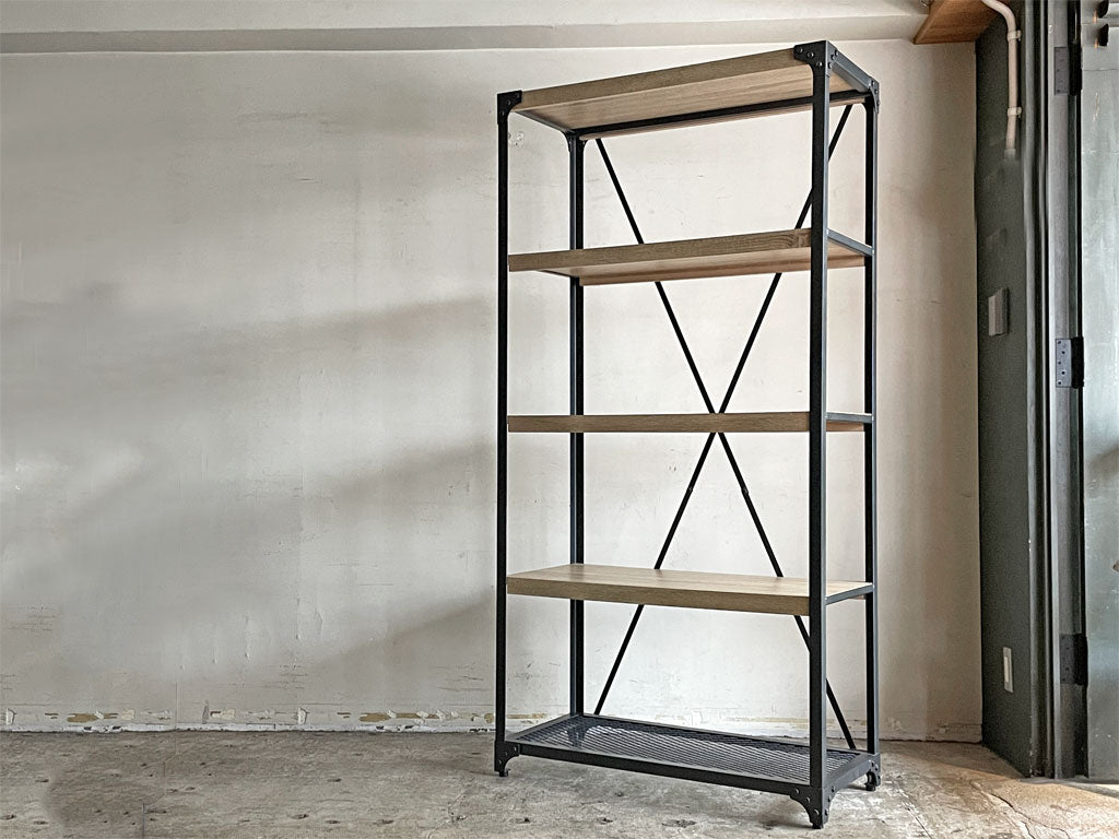 インダストリアルデザイン Industrial Design オープンシェルフ 木目調棚板 エキスパンドメタル スチール 本棚 飾り棚 収納棚 店舗什器 工業系 オーダーメイド 中古品 買い取りしました。