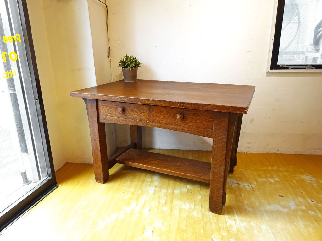 イギリスビンテージ UK Vintage 楢材 クラフト ワークテーブル 作業台 ダイニングテーブル ドロワー2杯 オーク材 英国 中古品 買い取りしました。