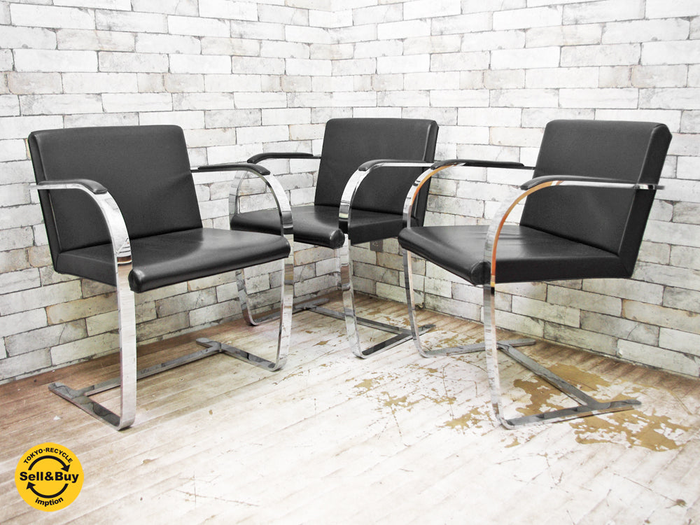 ミース・ファン・デル・ローエ デザイン ブルーノ brno フラットバー アームチェア ブラック カンティレバーチェア リプロダクト品 3脚 買い取りしました。