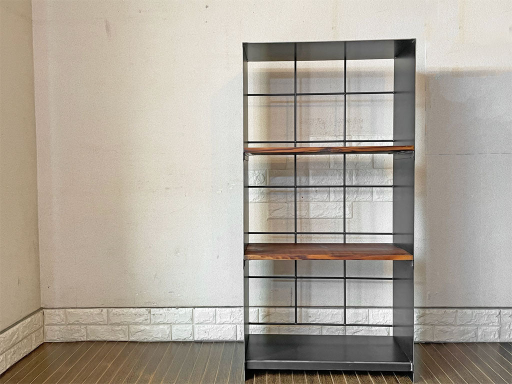 アール EARL アイアンのブックシェルフ 黒皮仕上げ 天然木 黒皮鉄 オープンシェルフ 本棚 飾り棚 店舗什器 インダストリアル ブルックリン 定価57,300円  中古品  買い取りしました。