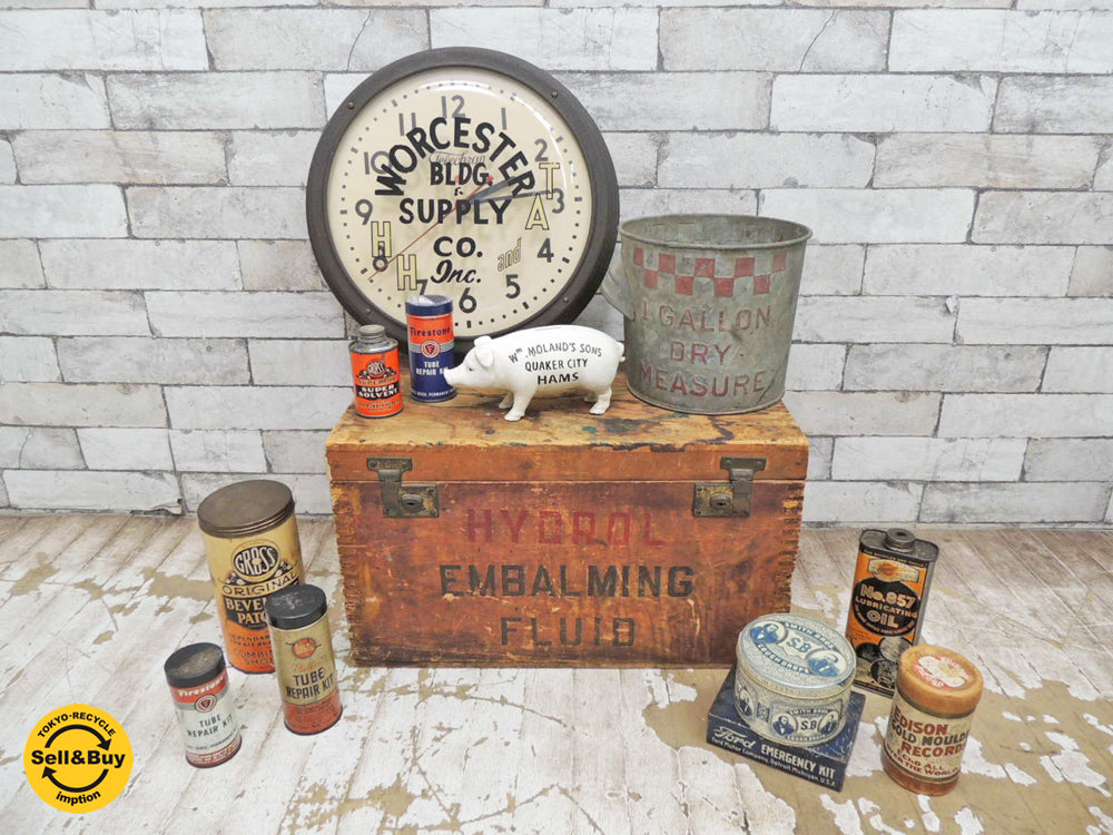 USビンテージ ウォールクロック＆ウッドボックス＆メジャーバケツ＆貯金箱＆ティン缶 各種 買い取りしました。