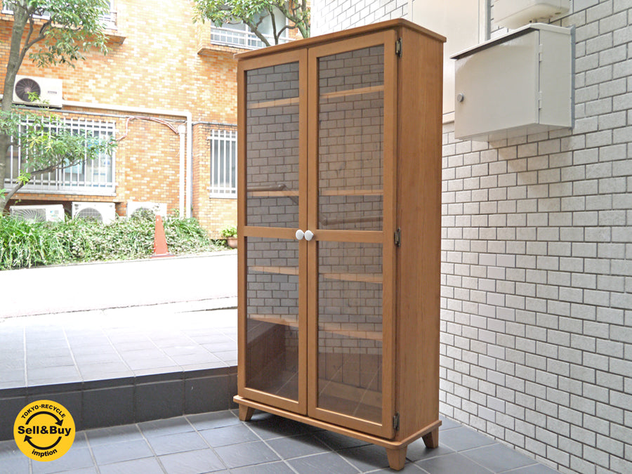 カントリーデザイン パイン材 カップボード ガラスキャビネット 食器棚 書棚 陶製把手 W62cm 英国UKカントリースタイル 　中古品 買い取りしました。