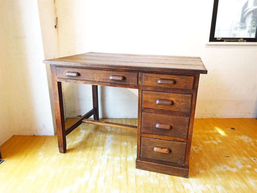 ジャパンビンテージ Japan vintage 木味 楢材 古いデスク 作業机 片袖 抽斗5杯 幅105cm 古道具 昭和レトロ 中古品 買い取りしました。