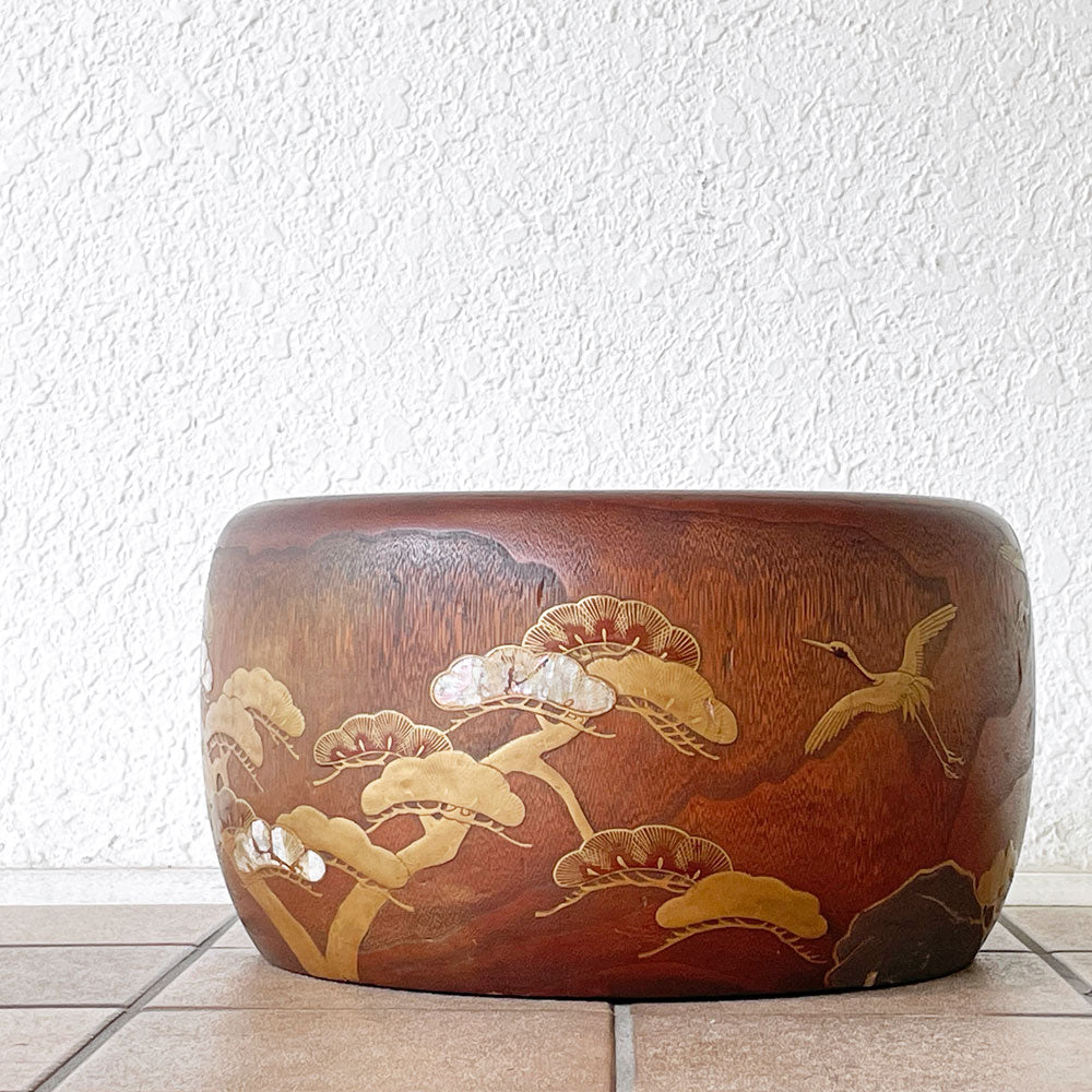  【用賀店】ジャパンビンテージ Japan Vintage 火鉢 丸火鉢 手あぶり火鉢 木製 銅炉 金蒔絵 螺鈿細工 鶴松紋 古家具 レトロ 大正ロマン 買取させていただきました。