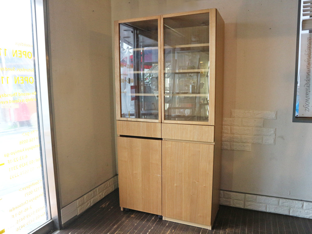 無印良品 MUJI タモ材 カップボード 食器棚 ガラス扉 キャスターワゴン付 ナチュラルテイスト 廃番  中古品 買い取りしました。
