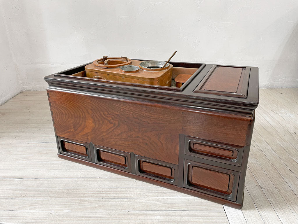 ジャパンビンテージ Japan Vintage 火鉢 関東火鉢 江戸前長火鉢 欅 黒檀 唐木 無垢材 囲炉裏 抽斗5杯 民芸家具 古民具 付属品付き 中古品 買い取りしました。