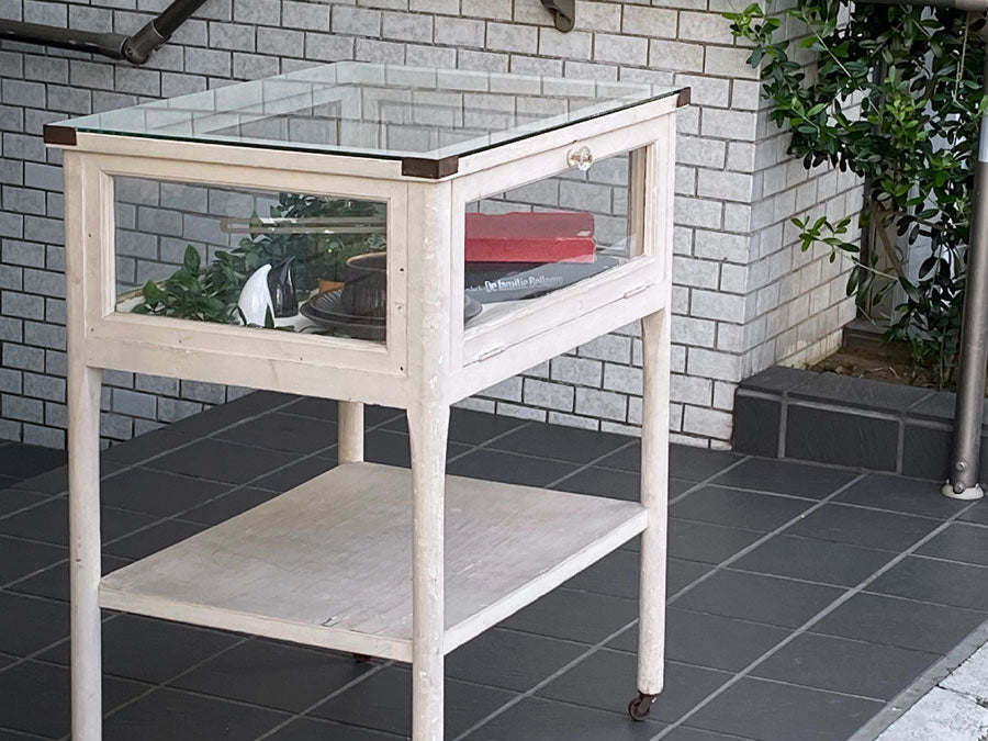 UKアンティーク ペインテッド ガラス キャビネット ディスプレイ コレクション ケース キャスター付き シャビーシック 什器 ～深い白～