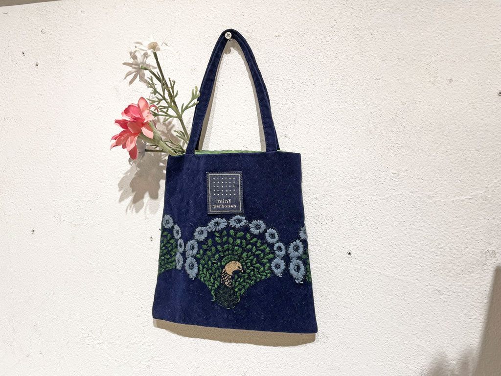 ミナペルホネン mina perhonen ピーコック peacock 孔雀 手提かばん bag 鞄 ネイビー お散歩バッグ 中古品 買い取りしました。