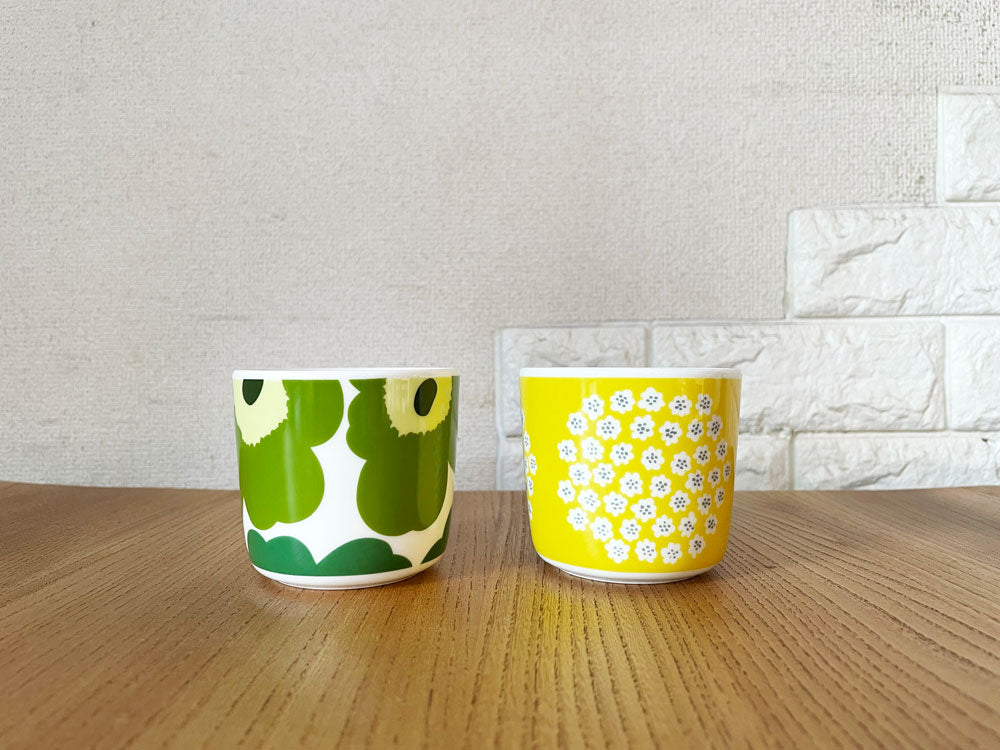 マリメッコ marimekko プケッティ PUKETTI イエロー & ウニッコ UNIKKO グリーンラテマグ Φ7.5cm フィンランド 北欧食器 廃番 中古品  買い取りしました。