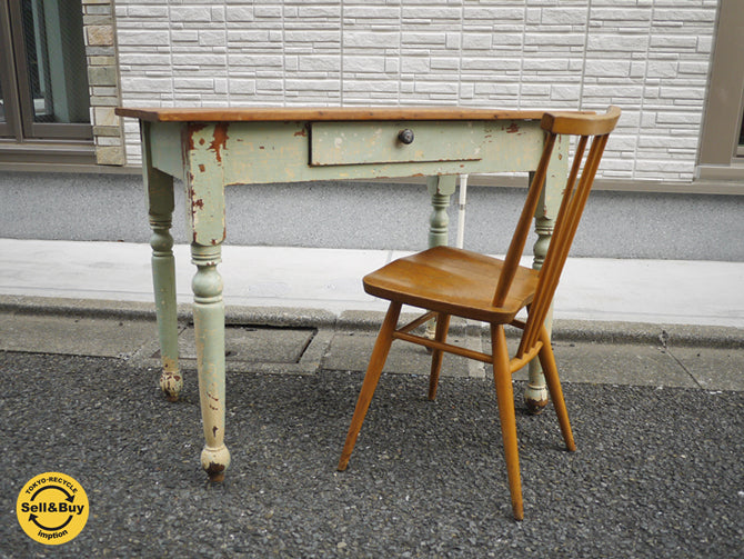 UKアンティーク パイン材 スモールテーブル デスク シャビーペイント 1ドロワー ～お部屋に映える、スモールテーブル～ 【 買取と販売とレンタルのお店 】