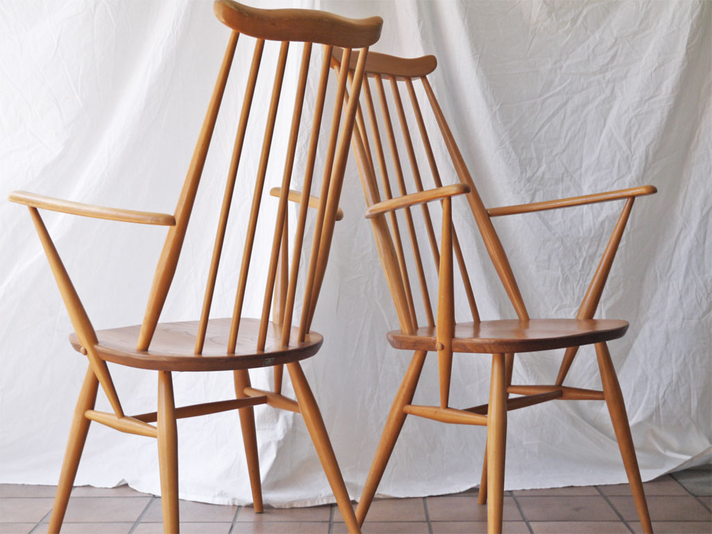 アーコール ERCOL ゴールドスミス アームチェア ハイバック スティックバック エルム材 ナチュラルカラー UKビンテージ 英国  中古品 買い取りしました。