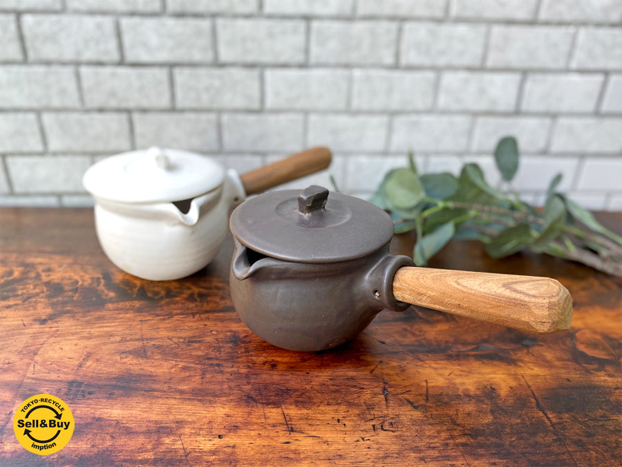 馬場勝文 耐熱ミルクパン 蓋付き 白&黒 陶器 チーク材取っ手付き 　中古品 買い取りしました。