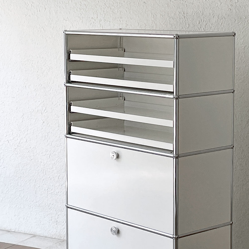 USMハラー USM Haller モジュラーファニチャー キャビネット シェルフ 1列4段 W77cm エクステンションシェルフ×4+ドロップダウン+ドロワー 定価431,595円 ～収納物を美しく、本体にはアクセントを～