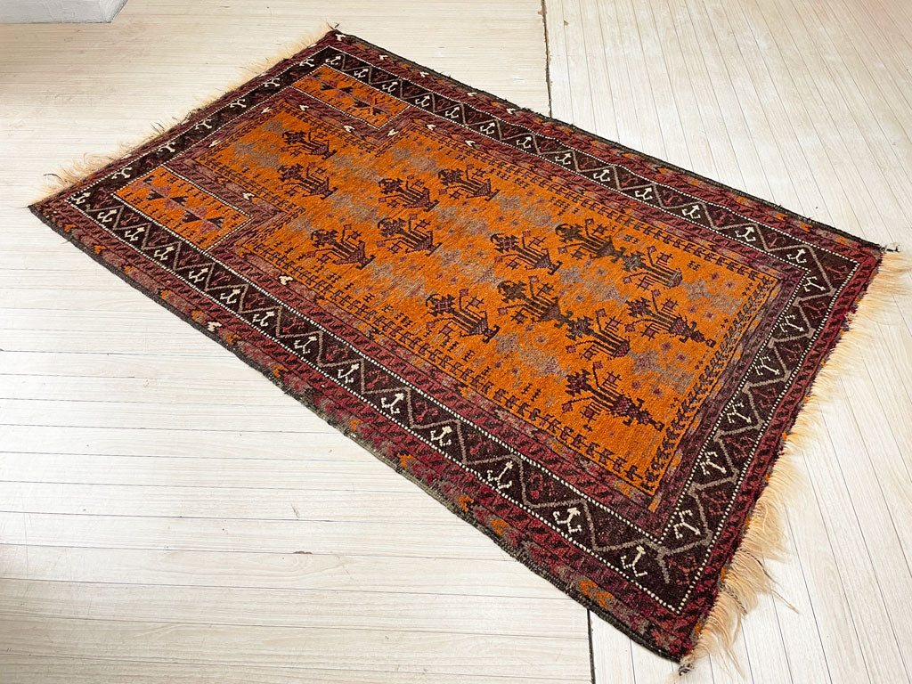 ビンテージ Vintage トライバルラグ バルーチ Bharuch ラグ 絨毯 オレンジ系 イラン アフガニスタン 手織り 幾何学 146×93cm 中古品 買い取りしました。