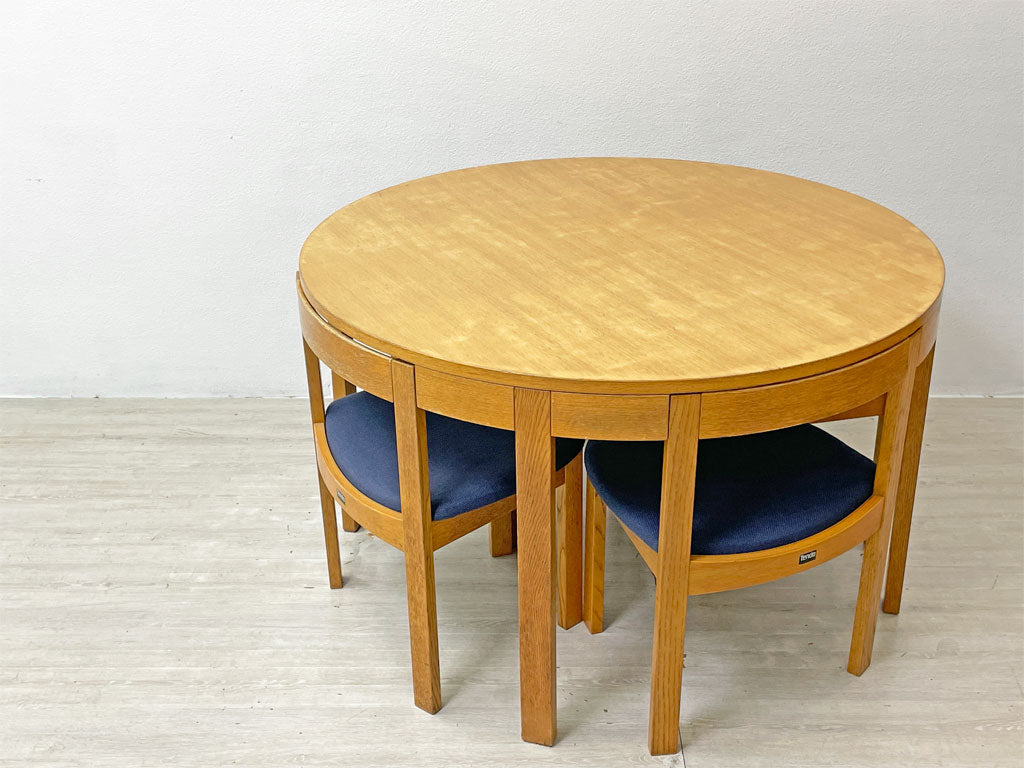 天童木工 Tendo ダイニングセット ラウンドダイニングテーブル ＆ ダイニングチェア 5点セット オーク材 ファブリック ブルー 北欧スタイル 廃番希少 中古品 買い取りしました。