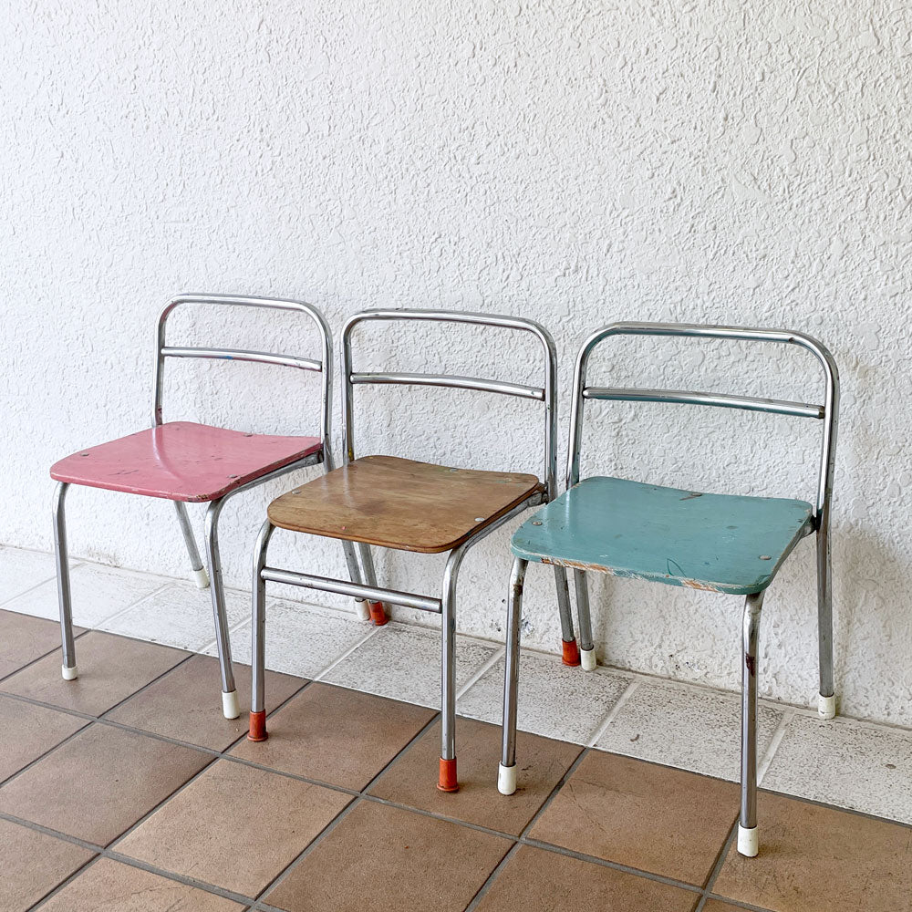  【用賀店】ジャパンビンテージ キッズチェア スチールフレーム スタッキング プライウッドシート レトロ スクールチェア×3脚 買取させていただきました。
