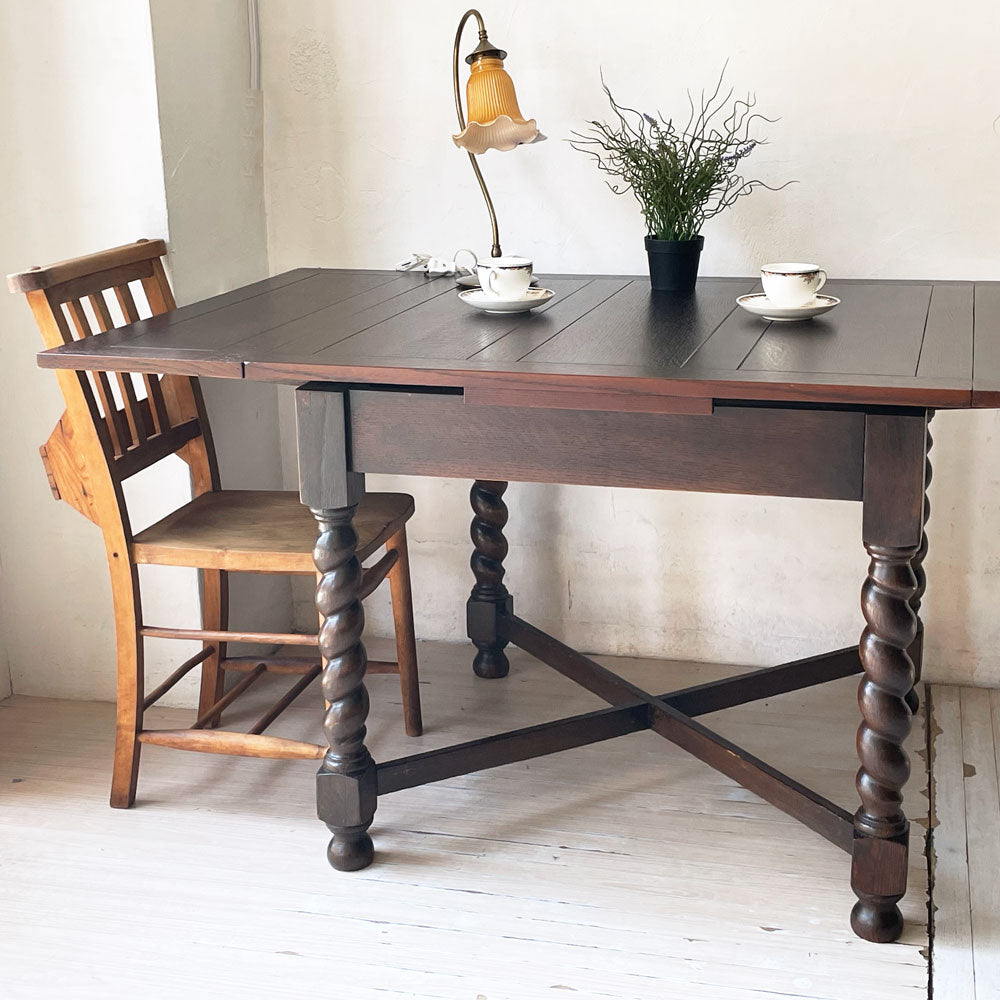 【下北沢店】UK ビンテージ 英国 アンティーク ドローリーフテーブル ツイストレッグ イギリス ダイニングテーブル 天板部再塗装品 買取させていただきました。