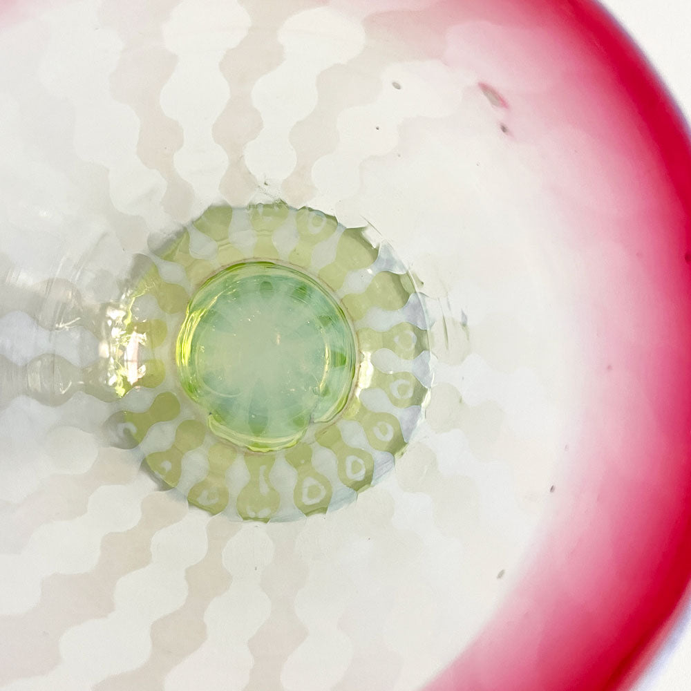 ジャパンビンテージ Japan Vintage 三色氷コップ ラッパ型 ウランガラス 縁赤 乳白透かし 玉垂れ文 和ガラス ～ もうすぐベストシーズンです ～