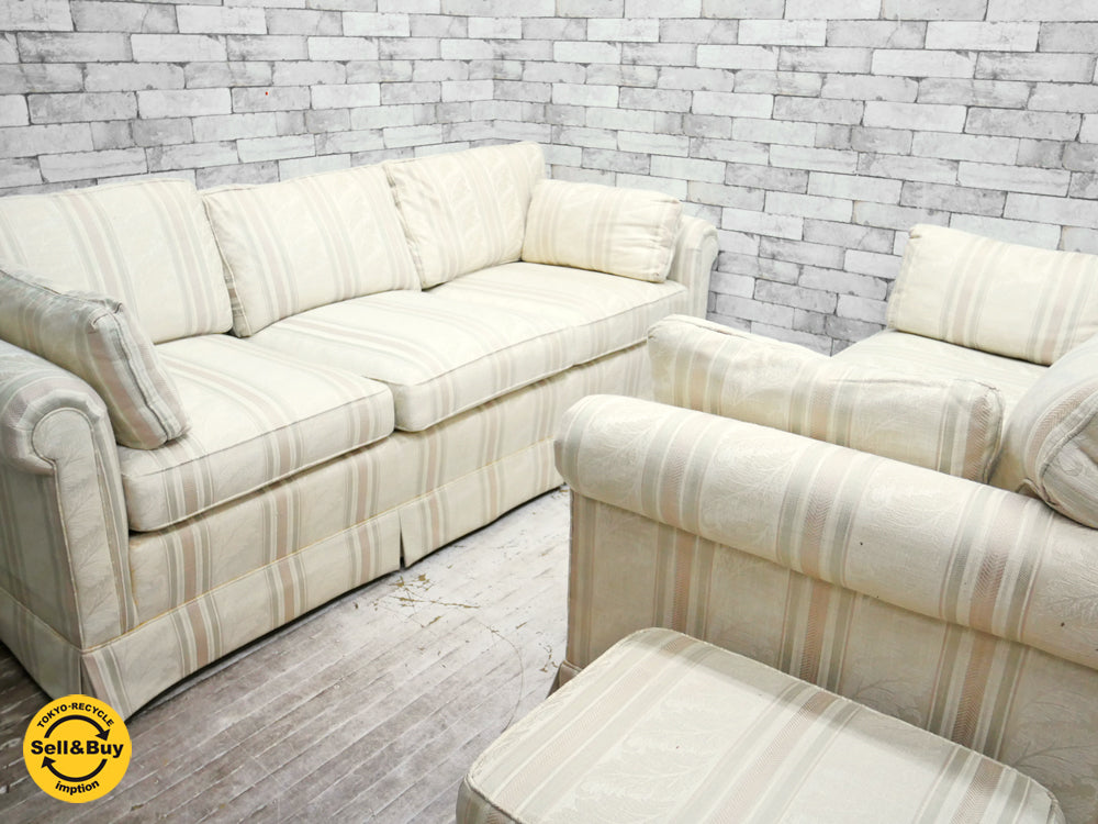 イーセンアーレン ETHAN ALLEN 3P & 2P ソファ / オットマン ストライプ × 花柄 ファブリック カーバーリング 米国 中古品 買い取りしました。