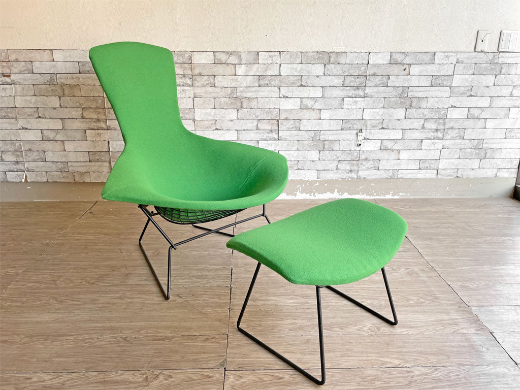 ノル ノール Knoll バードチェア ハイバックアームチェア ラウンジチェア オットマン付 ハリーベルトイア ミッドセンチュリー グリーン 新品ファブリック 張替済 ビンテージ 中古品 買い取りしました。