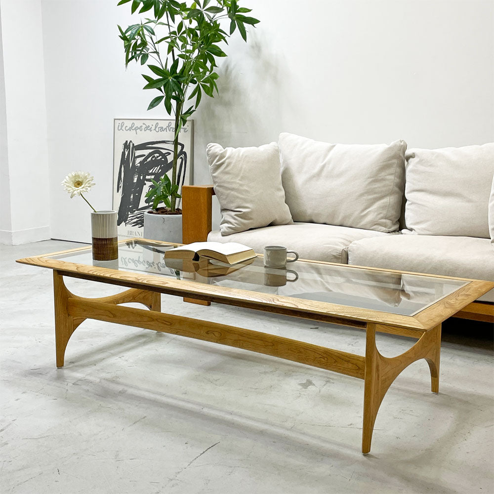 レーン LANE コーヒーテーブル センターテーブル ガラス天板 エルム無垢材 W150cm USビンテージ ミッドセンチュリー ～名も無い名作の魅力～