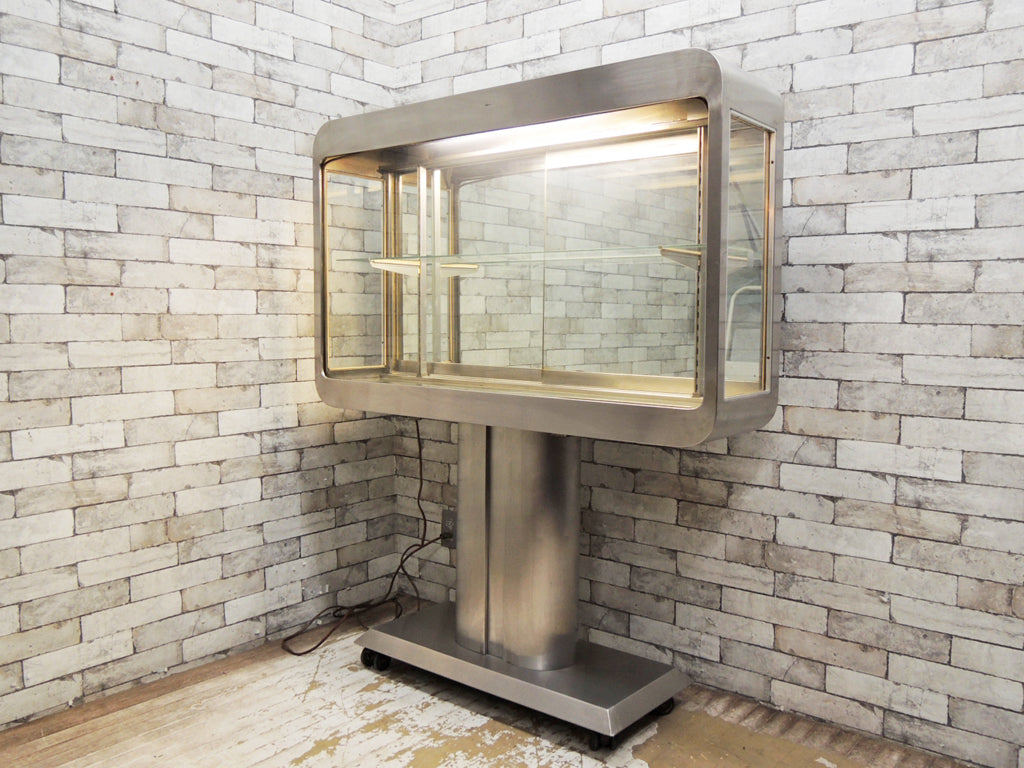 ビンテージ vintage ガラスショーケース ステンレス製 照明付き スペースエイジ 店舗什器 中古品 買い取りしました。