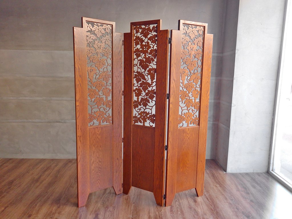 三越家具 ブルージュ Brugge パーテーション 3連スクリーン 透かし挽き 葡萄 英国カントリー ナラ無垢材 中古品 買い取りしました。
