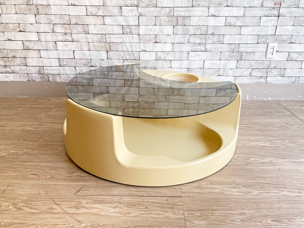 アスタルテ ASTARTE MILANO ガラス × FRP ラウンドコーヒーテーブル Φ102cm ホワイト キャスター付 1970’s イタリア スペースエイジ ミッドセンチュリー 希少  中古品  買い取りしました。