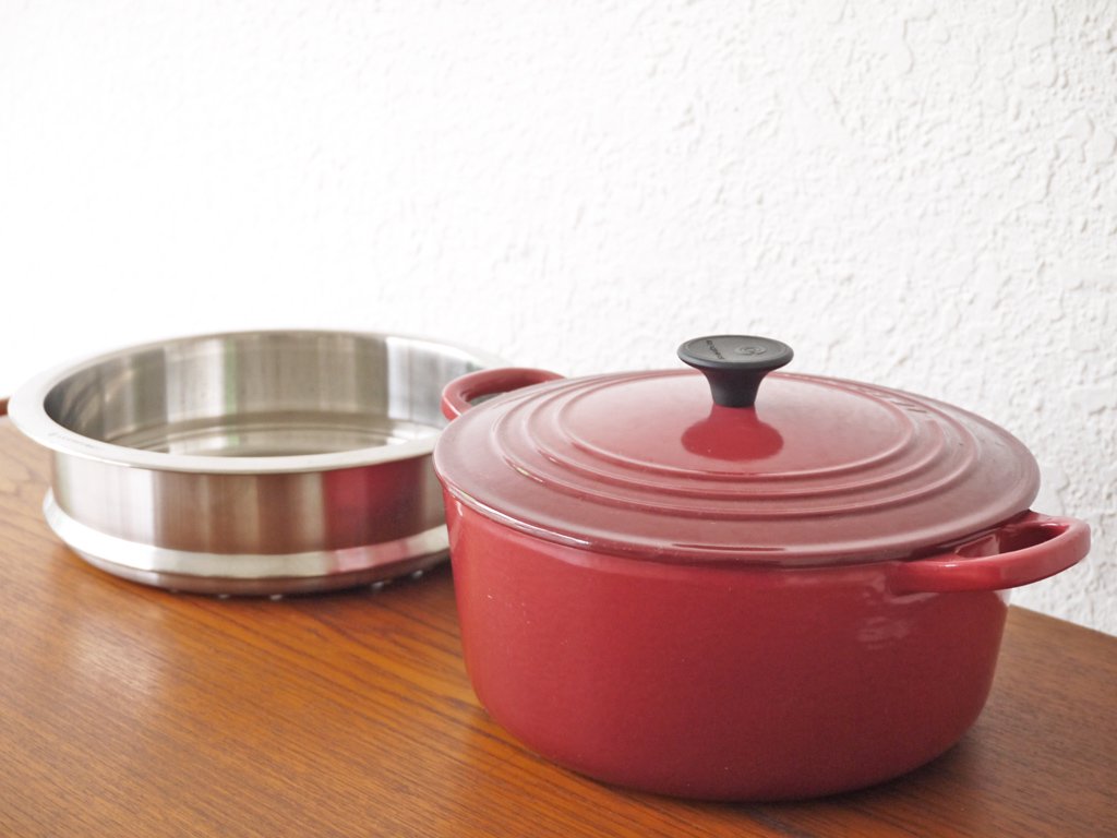 ルクルーゼ LE CREUSET ココットロンド 両手鍋 22cm スチーマー付 アイアン ホーロー フランボワーズ 廃番カラー フランス 中古品 買い取りしました。