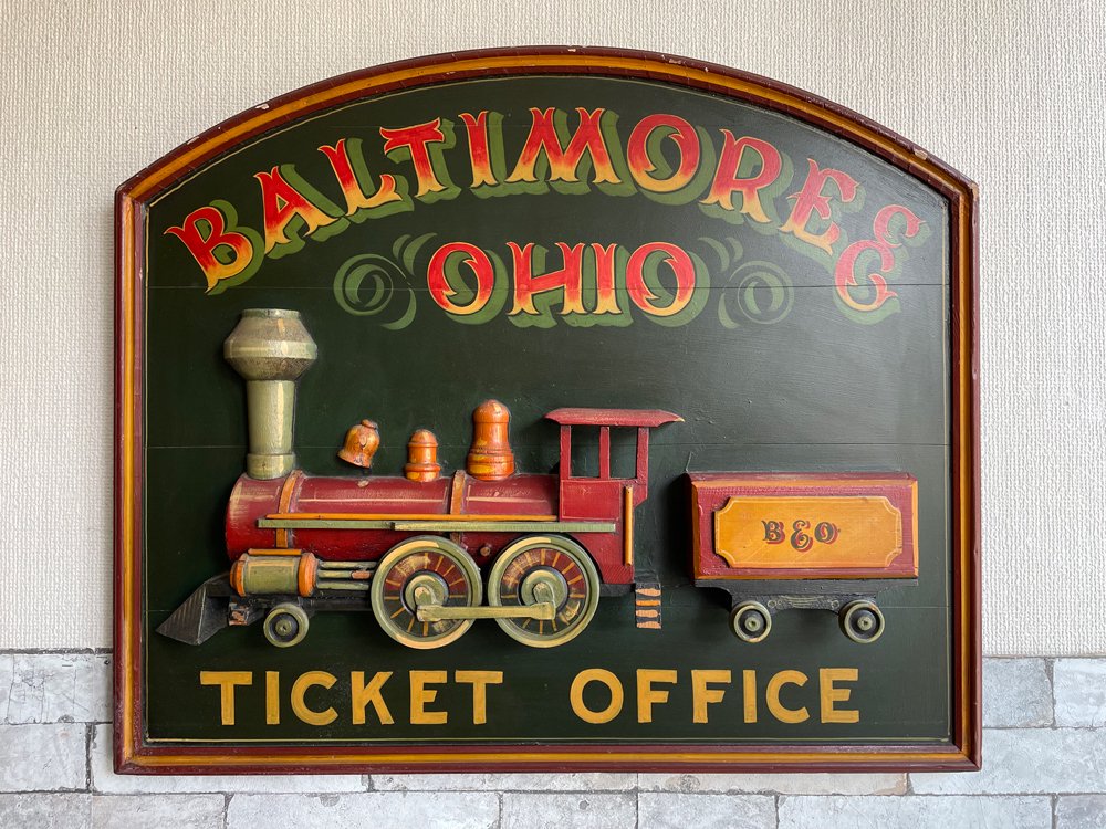 ボルチモア＆オハイオ鉄道 Baltimore & Ohio Railroad 木製 × パルプ材 サインボード 看板 81×69cm 機関車 店舗什器 ビンテージスタイル 中古品  買い取りしました。
