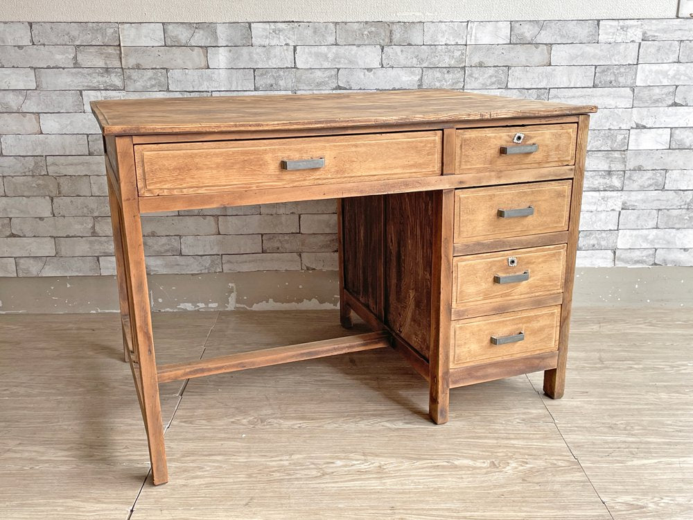 ジャパンビンテージ Japan vintage 古い木味の片袖机 デスク 作業台 W105cm 抽斗5杯 古材 古家具 昭和レトロ 中古品 買い取りしました。