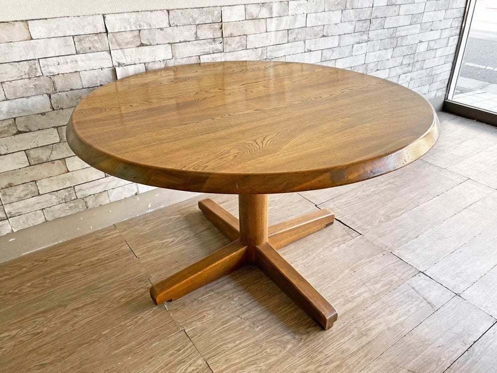 ビンテージ Vintage オーク材 ダイニングテーブル ラウンドテーブル Φ119cm 無垢集成材 1本脚 カントリースタイル 中古品 買い取りしました。