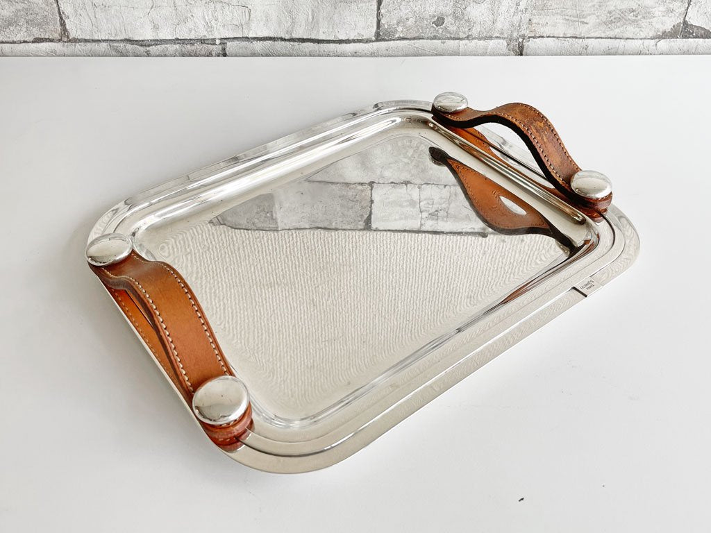 エルメス HERMES サービングトレイ レザー取手付き シルバー 銀メッキ テーブルウェア W28cm フランス made in france 中古品 買い取りしました。