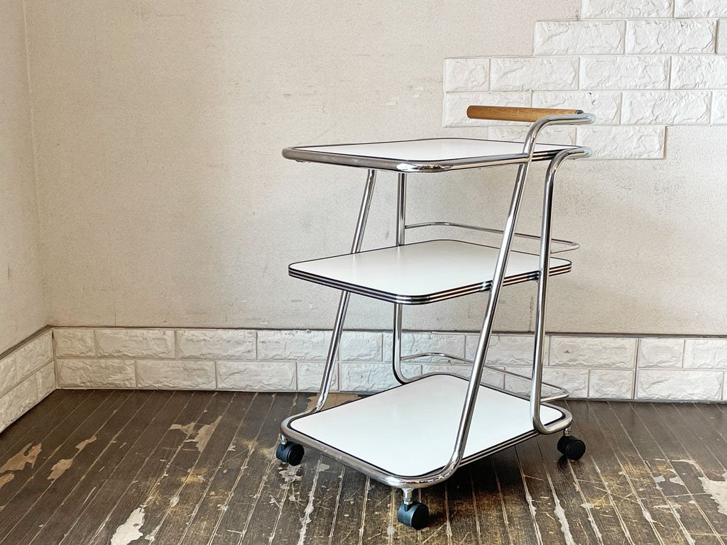 ビンテージ Vintage キッチンワゴン ステンレス ワゴン スチール メラミントップ ホワイト 3段 キャスター付き H71cm インダストリアル  中古品  買い取りしました。