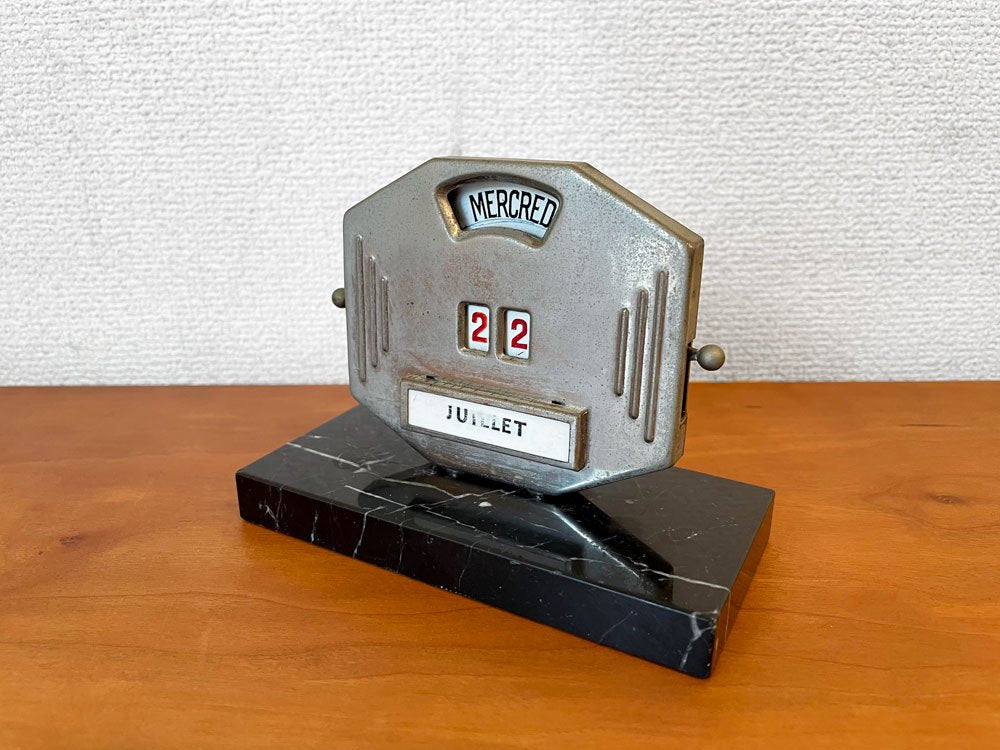 MISTRAL社 パーペチュアルカレンダー 卓上万年カレンダー W13.2cm クロームメッキ × 大理石調ベース アールデコ フランスビンテージ  中古品  買い取りしました。