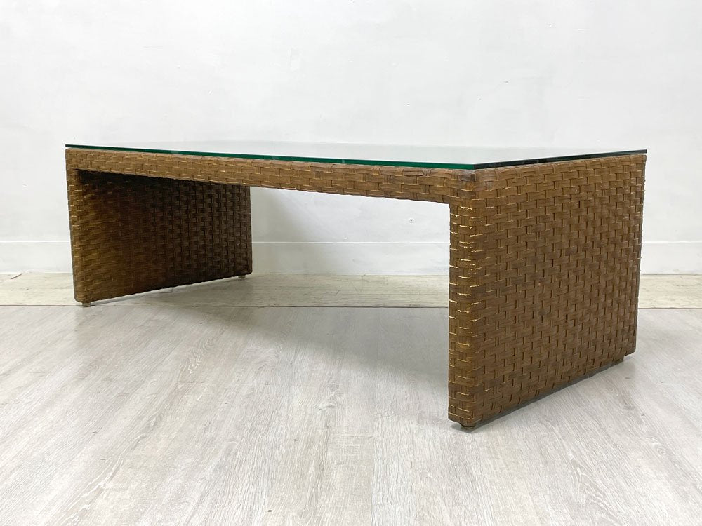 アジアンモダンデザイン Asian moderne design ガラストップ × レザー編込 センターテーブル ローテーテーブル W124 リゾートスタイル 中古品 買い取りしました。