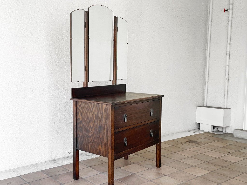 UKビンテージ UK vintage ドレッサー チェスト dressing chest 鏡台 3面鏡 抽斗2杯 オーク材 英国家具 中古品 買い取りしました。