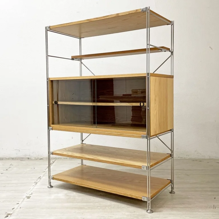 【祖師ヶ谷大蔵店】無印良品 MUJI ステンレスユニットシェルフ オーク材 ワイド 中 W86 H120cm ガラス引き戸ボックス 棚板4枚 小棚付 定価総額￥53,130- 買取させていただきました。