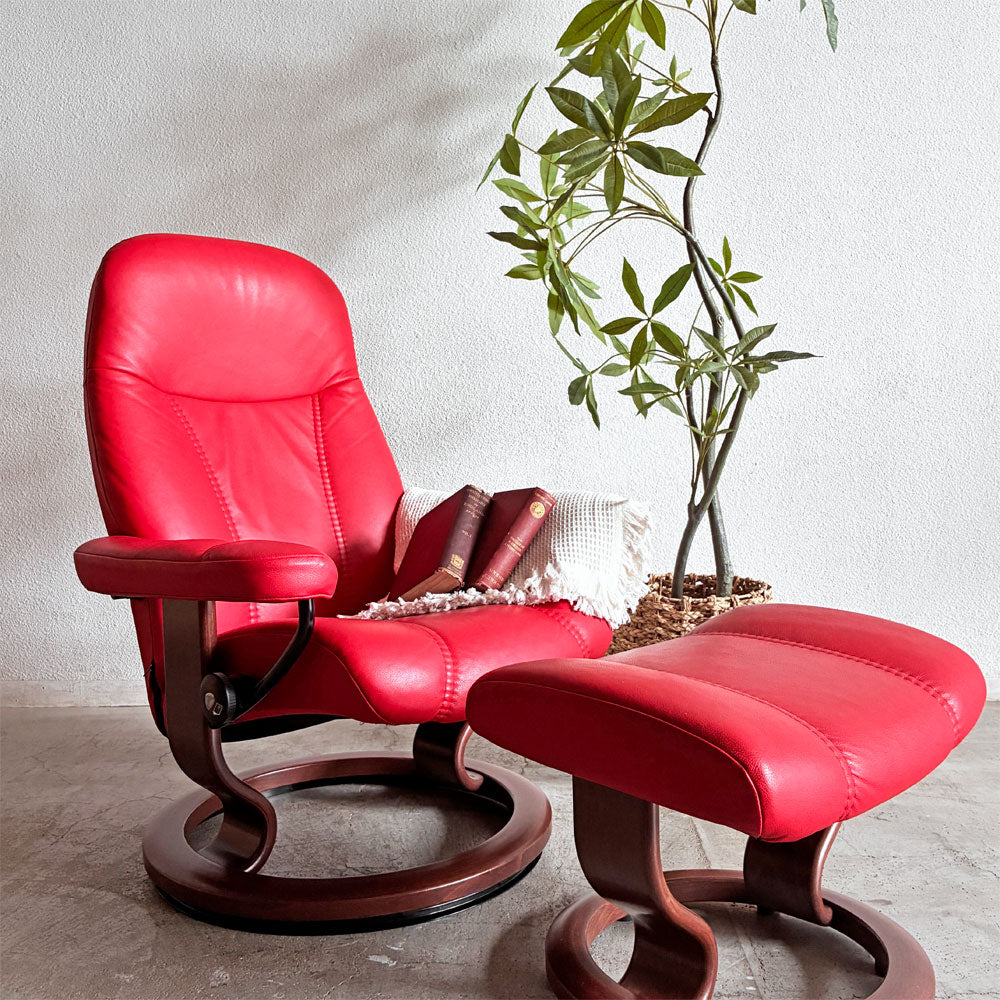 エコーネス EKORNES ストレスレスチェア stressless コンサル Consul リクライニングチェア＆オットマン Sサイズ 本革 レッドレザー クラシックベース ノルウェー 定価￥268,400- ～ リラックスを担保する ～