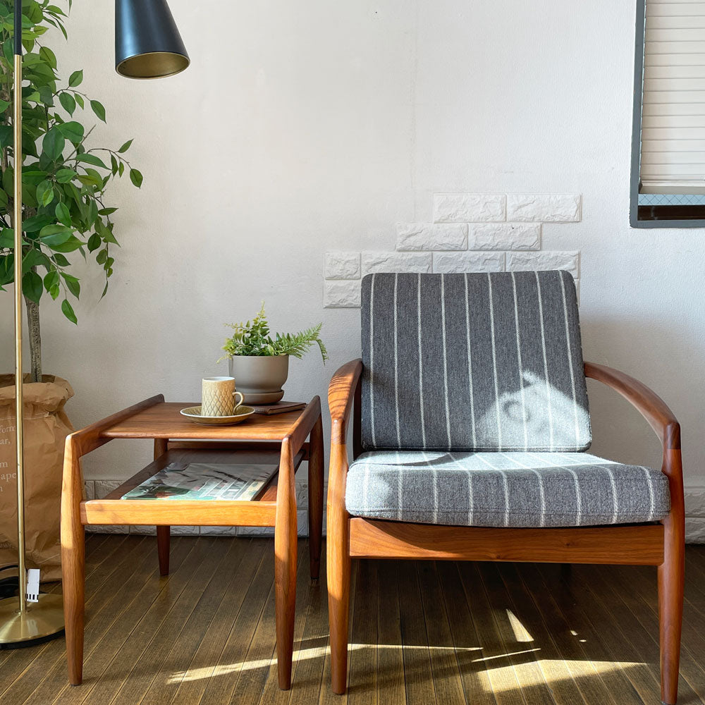 【経堂店】宮崎椅子製作所 ペーパーナイフソファ 1P 1人掛け ウォールナット材 ファブリック Kjellerup Vaeveri社 SAMSØ生地 カイ・クリスチャンセン 買取させていただきました。