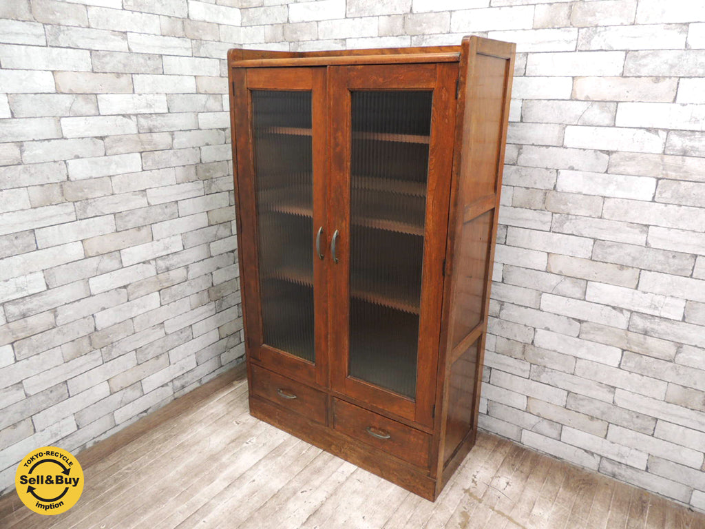 ジャパンビンテージ 波ガラス キャビネット 本棚 抽斗2杯 古家具 和家具 レトロ家具 買い取りしました。祖師ヶ谷大蔵店 出張買取もお任せ下さい。