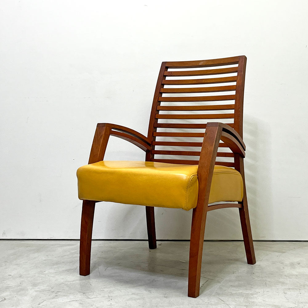 【祖師ヶ谷大蔵店】BC工房 チーク無垢材 アームチェア イージーチェア ラウンジチェア レザーシート 本革 イエロー系 国産クラフト家具 買取させていただきました。