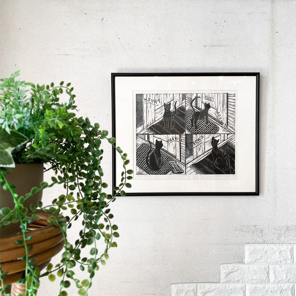 マーサ・パウロス Martha Paulos インオアアウト In or Out リノカット版画 60×50cm ハンドサイン入り 3/50 額装品 アメリカ ～ネコ好きが目を離せないネコ作品～