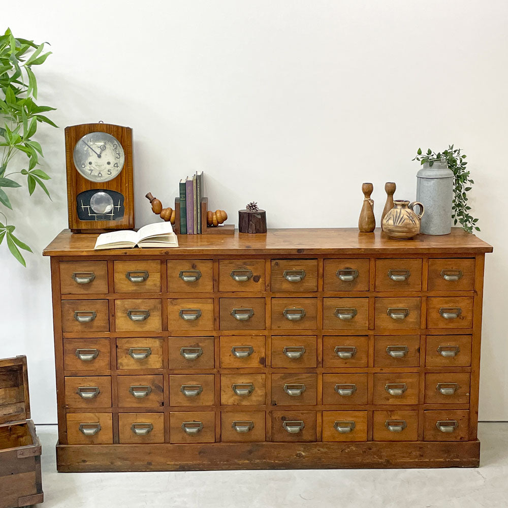 【祖師ヶ谷大蔵店】ビンテージ Vintage 木製チェスト 40ドロワーズ 5段 パイン無垢材 図書カードキャビネット 薬箪笥 W162cm インダストリアルテイスト 店舗什器 買取させていただきました。