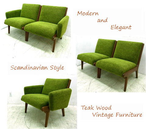 美しく洗練された北欧スタイルのヴィンテージソファ～ SCANDINAVIAN STYLE　チーク無垢材　ソファ　グリーン ファブリック 【買取と販売とレンタルのお店】