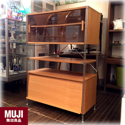 ◎経堂店 飽きの来ない機能をデザインする ～ MUJI 無印良品 ステンレスユニットシェルフ ﾀﾓ材 棚 ガラス引き戸ボックス フラップ扉ボックス 【買取と販売とレンタルのお店】