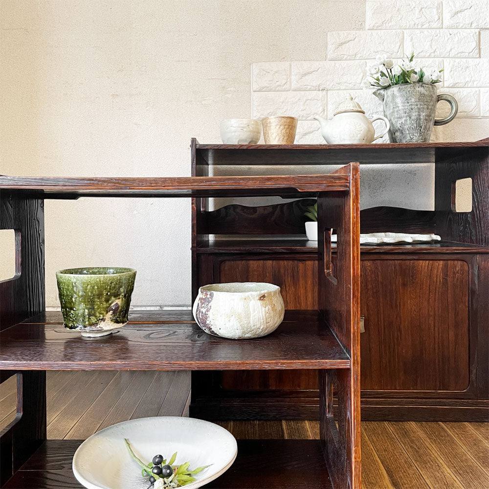 ジャパンビンテージ Japan Vintage 欅材 小茶箪笥＆煎茶棚 2段 器局 ミニキャビネット ミニシェルフ 和家具 古家具 ～経年により味わいを増した美しい日本の古民具～