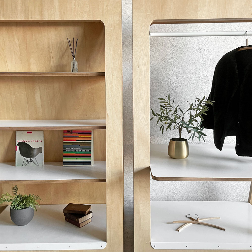 デッセンス dessence シェルフ 4段 マガジンラック付 ＆ ハンガーラック 棚板付 店舗什器 W120cm 山本和豊 オーダー家具 ～ ごっこ遊びの延長線上 ～